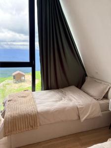 a bed in a room with a large window at Mravaldzali twins in Oni
