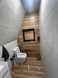 a small bathroom with a toilet and a window at Mravaldzali twins in Oni