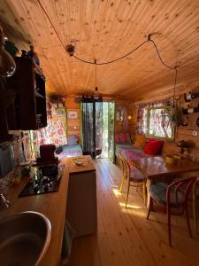 a kitchen and living room of a tiny house at Roulotte de Charme in Bréconchaux +15 photos