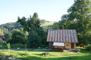 a small cabin in a field with a roof at Studio v Aldrovském Triu in Vítkovice +9 photos