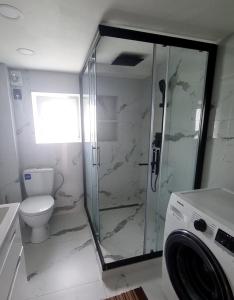 a bathroom with a shower and a toilet and a washing machine at Гостинний дім in Shom
