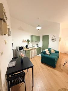 a living room with a green couch and a kitchen at Studio le «Victor Hugo» , hyper centre ville in Vienne +15 photos