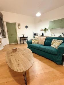 a living room with a green couch and a table at Studio le «Victor Hugo» , hyper centre ville in Vienne