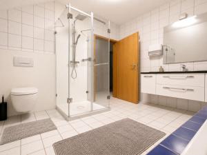 a bathroom with a shower and a toilet and a sink at Rheinview Sunset in Urbar in Urbar +27 photos