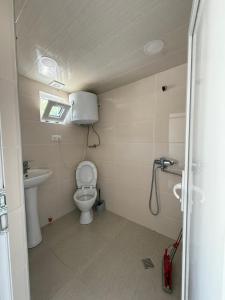 a small bathroom with a toilet and a sink at Tebdi Qor, Warm Home in Mestia