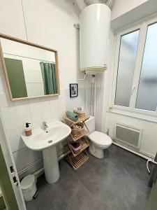 a bathroom with a sink and a toilet and a mirror at Studio le «Victor Hugo» , hyper centre ville in Vienne