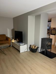 a living room with a couch and a stove at The Eikorn House in Skien