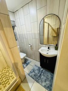 a bathroom with a sink and a mirror and a toilet at Hei Stays One Bed Apartment in Bronkhorstspruit +9 photos