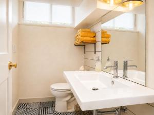 a bathroom with a sink and a toilet and a mirror at The Nest in Fort Collins