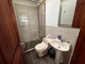 ein Badezimmer mit Waschbecken, Toilette und Spiegel in der Unterkunft Los Barranqueros Hotel in Salento