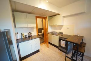 a kitchen with white cabinets and a black counter top at Studio v Aldrovském Triu in Vítkovice
