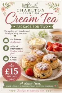 a flyer for a cream tea restaurant with a plate of food at Cotswold Shepherd hut Hot Tub sauna Dog friendly in Charlton