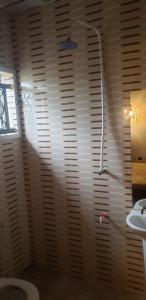 a bathroom with a shower and a toilet and a sink at Sejeva in Ikorodu