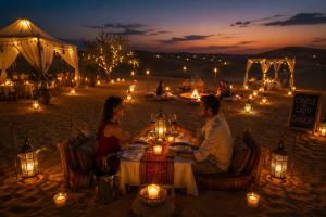 a man and woman sitting at a table with candles at Mahindra Desert Resort & Camp in Jaisalmer