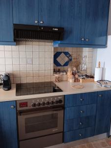 a kitchen with blue cabinets and a stove top oven at On The Waves Balcony in Klima