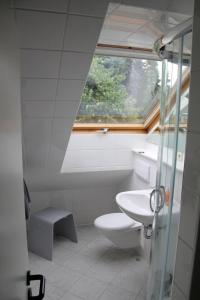 フュルトにあるFerienwohnung Stadtgrenzeのバスルーム(トイレ、洗面台付)、窓が備わります。