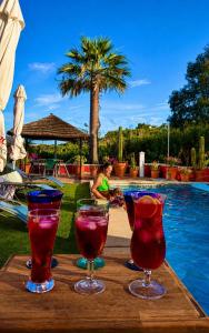 a table with three glasses on a table near a pool at La Finca Roja 3 in Coín