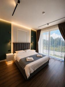 a bedroom with a large bed with a large window at The NEST Villa in Borşa