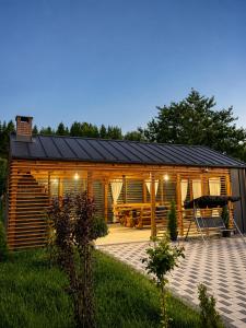 a wooden cabin with a black roof at The NEST Villa in Borşa