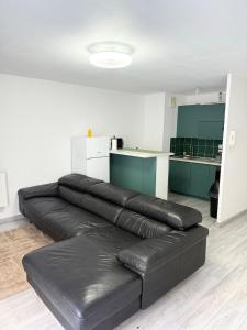 a black leather couch in a room with a kitchen at Large studio Independent sleeping area Swimming pool in Annemasse