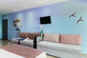 a living room with a couch and a tv on a blue wall at Aphrodite of Thassos in Skala Marion