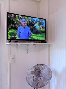 a flat screen tv on a shelf with a fan at Studio Arawak in Deshaies
