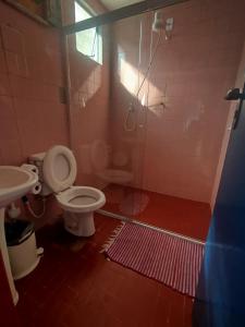 a bathroom with a shower with a toilet and a sink at Casinha Centro histórico in Paraty +60 photos
