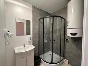 a bathroom with a shower and a sink at StayPoz-Stary Rynek in Poznań