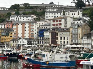 a group of boats docked in a harbor with buildings at La Casina del Puerto in Luarca