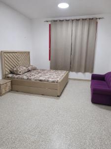 a bedroom with a bed and a purple couch at EZ Homes in Abu Dhabi