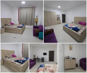four pictures of a bedroom with two beds and a couch at EZ Homes in Abu Dhabi