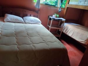 a bedroom with a bed and a table with a chair at Etrita Inkas Hostel in Sahuayacu
