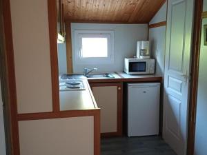 a small kitchen with a sink and a microwave at Chalets avec Animaux, Terrasse et Parking - FR-1-489-323 in Échassières