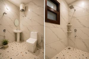 two pictures of a bathroom with a toilet and a window at Hotel Brothers Elite Stay in Panchkula +11 photos
