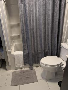 a bathroom with a shower curtain and a toilet at Clifton Hill Suite 4401 in Niagara Falls