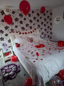 a bedroom with a bed with red balloons on the wall at Casa Luca in Vama