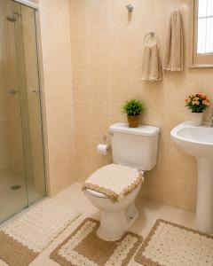 a bathroom with a toilet and a sink and a shower at Meu Aconchego - Araruama 2 quartos - Vaga- Wi-Fi in Araruama
