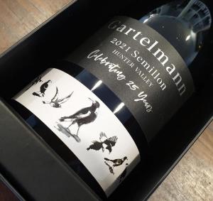 a black bottle of wine with birds on it at Gartelmann Studio at Gartelmanns Wines in Rothbury