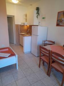 a kitchen with a table and a white refrigerator at APARTMAN 1 KRISTINKA Gujinović in Gradac