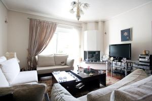 a living room with two couches and a tv at Veggie Garden Athens B&B in Athens