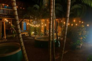 a room with palm trees and a building with lights at Glamping Due Amici Restobar in Palomino