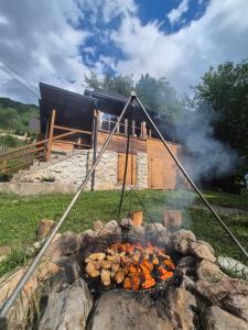 a fire pit in front of a house at Bat's Cave Hut Transylvania - Rustic Retreat in Sub Piatra