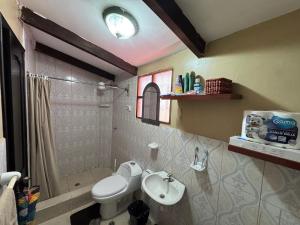a bathroom with a toilet and a sink and a shower at MiniFinquita Ibarra in Ibarra