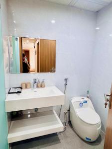 a bathroom with a toilet and a sink and a mirror at Beer's Homes Căn hộ chung cư Pearl Residence in Cửa Lô +3 photos