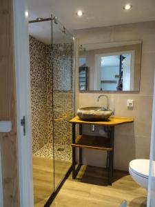 a bathroom with a sink and a shower at Vakantiehuis Boulevard in Egmond aan Zee