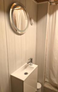 a small bathroom with a sink and a mirror at Le Chalet Spa Piscine in Rimbach-près-Masevaux +5 photos