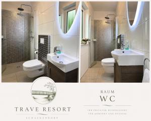 two pictures of a bathroom with a sink and a toilet at Trave Resort Ferienhaus in Schackendorf +19 photos