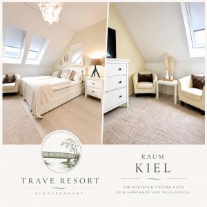 a attic bedroom with a bed and a chair at Trave Resort Ferienhaus in Schackendorf