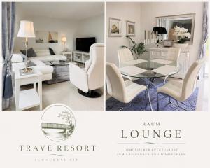 a collage of photos of a living room and a dining room at Trave Resort Ferienhaus in Schackendorf