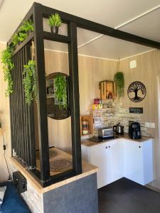 a kitchen with a counter with potted plants at le petit gîte de mag in Plouha